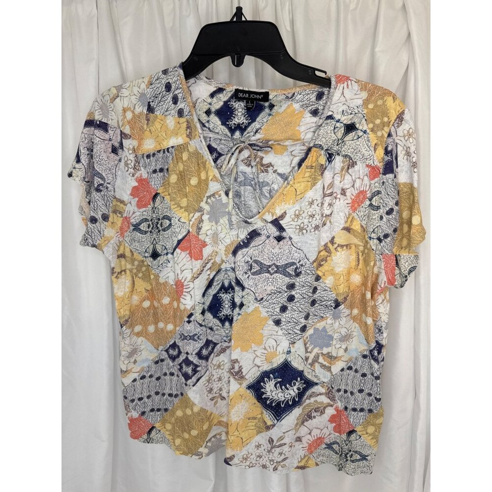 Dear John Womens Patchwork Print Top L Rayon Cotton Blend Multicolor Short Sleev